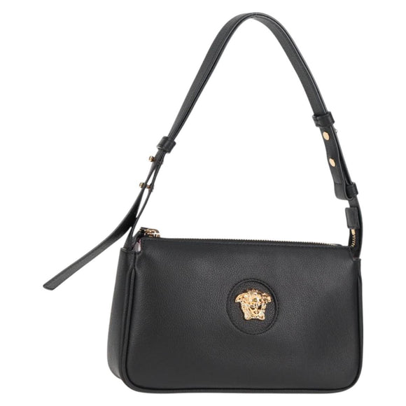 VERSACE Shoulder Bag Leather Black Gold Auth 118811A