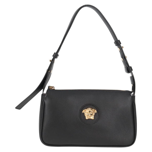 VERSACE Shoulder Bag Leather Black Gold Auth 118811A