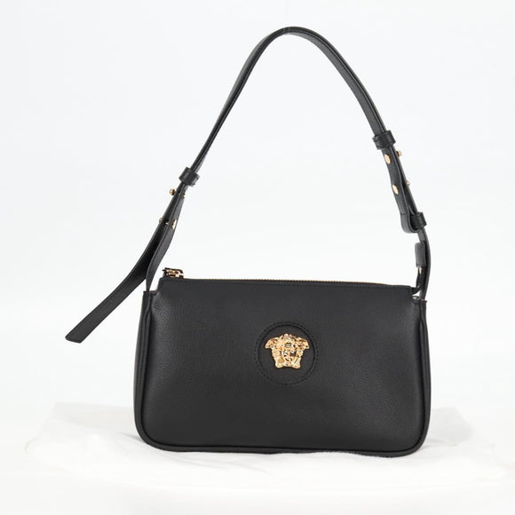 VERSACE Shoulder Bag Leather Black Gold Auth 118811A