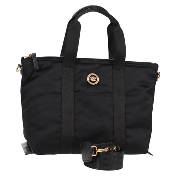 VERSACE Hand Bag Nylon 2way Black Gold Auth 118812A