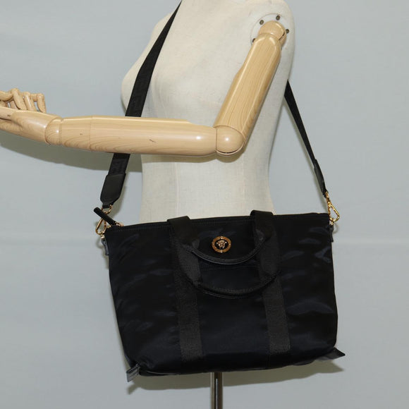 VERSACE Hand Bag Nylon 2way Black Gold Auth 118812A