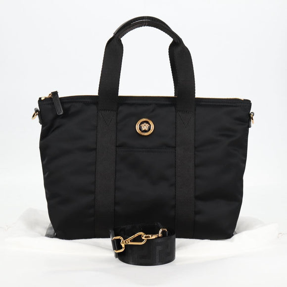 VERSACE Hand Bag Nylon 2way Black Gold Auth 118812A