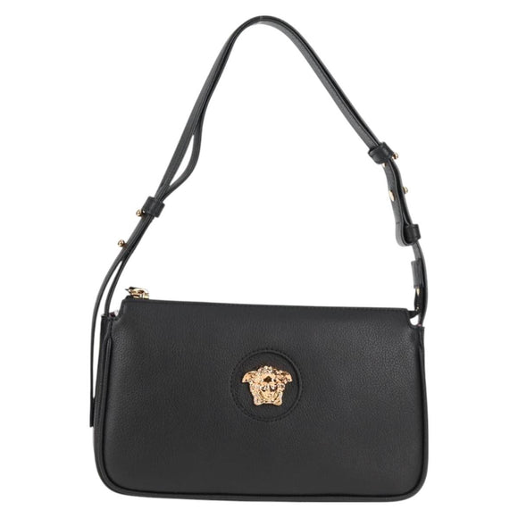 VERSACE Shoulder Bag Leather Black Gold Auth 118815A
