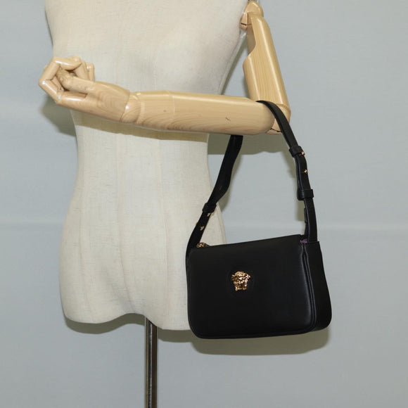 VERSACE Shoulder Bag Leather Black Gold Auth 118815A