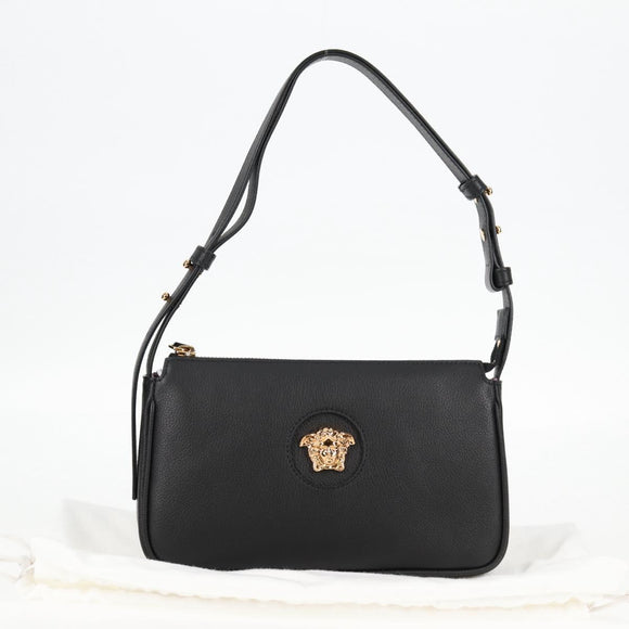 VERSACE Shoulder Bag Leather Black Gold Auth 118815A