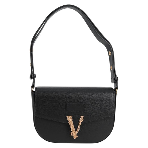 VERSACE Shoulder Bag Leather Black Gold Auth 118816A