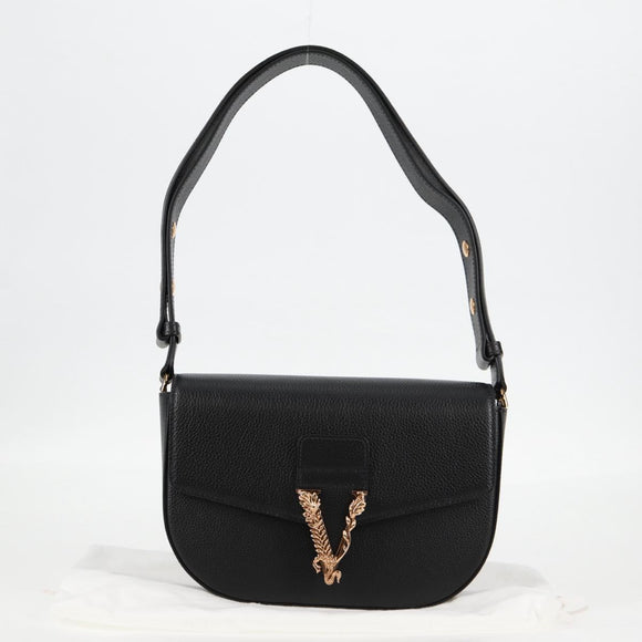VERSACE Shoulder Bag Leather Black Gold Auth 118816A