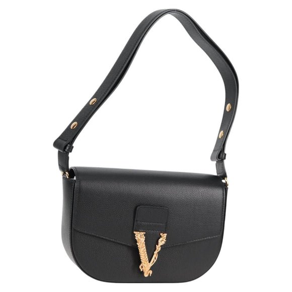 VERSACE Shoulder Bag Leather Black Gold Auth 118818A