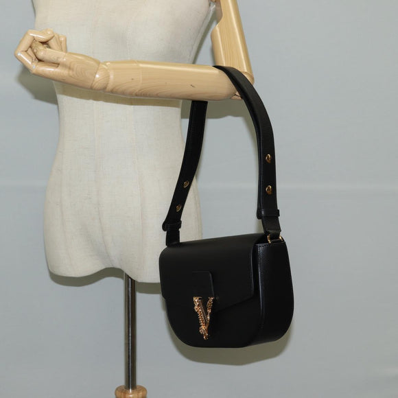 VERSACE Shoulder Bag Leather Black Gold Auth 118818A
