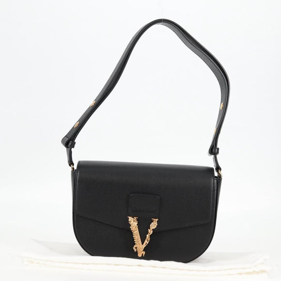 VERSACE Shoulder Bag Leather Black Gold Auth 118818A