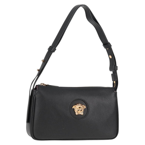 VERSACE Shoulder Bag Leather Black Gold Auth 118819A