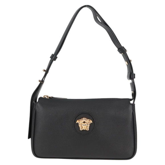 VERSACE Shoulder Bag Leather Black Gold Auth 118819A