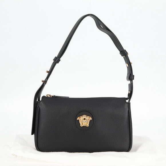 VERSACE Shoulder Bag Leather Black Gold Auth 118819A