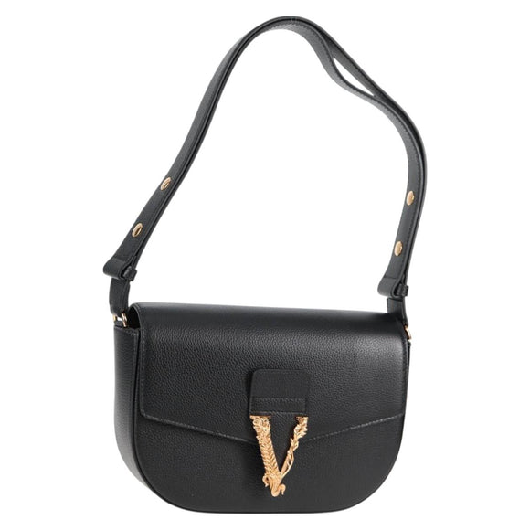 VERSACE Shoulder Bag Leather Black Gold Auth 118820A