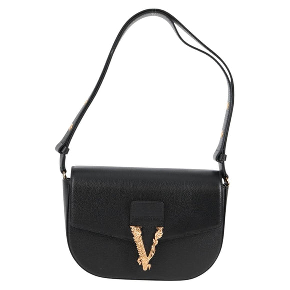 VERSACE Shoulder Bag Leather Black Gold Auth 118820A
