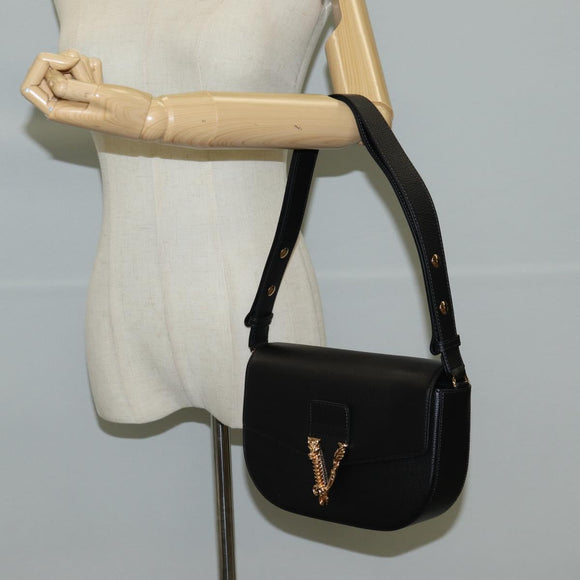 VERSACE Shoulder Bag Leather Black Gold Auth 118820A