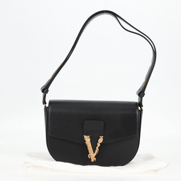 VERSACE Shoulder Bag Leather Black Gold Auth 118820A