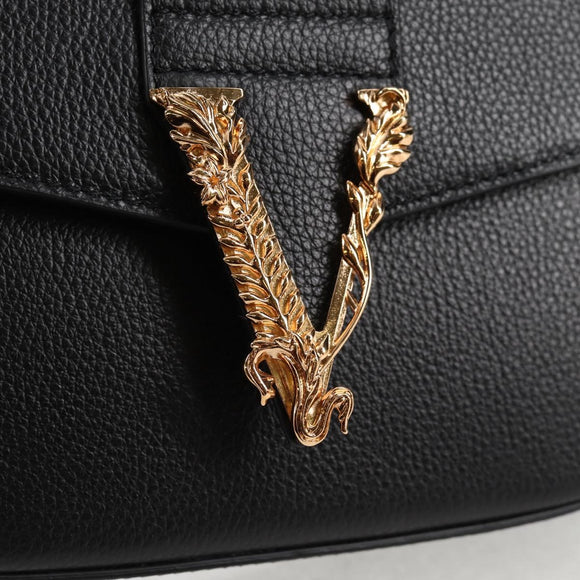 VERSACE Shoulder Bag Leather Black Gold Auth 118821A