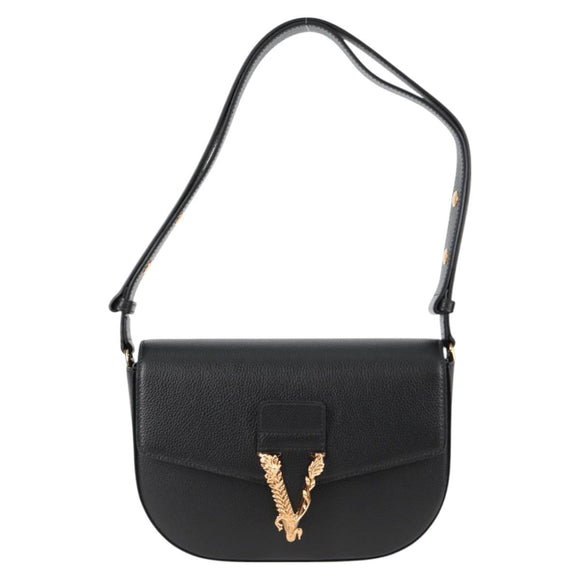 VERSACE Shoulder Bag Leather Black Gold Auth 118821A
