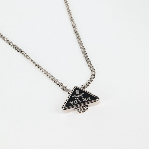 PRADA Necklace Strap Pouch Triangle Panel Silver Tone Auth 118871M