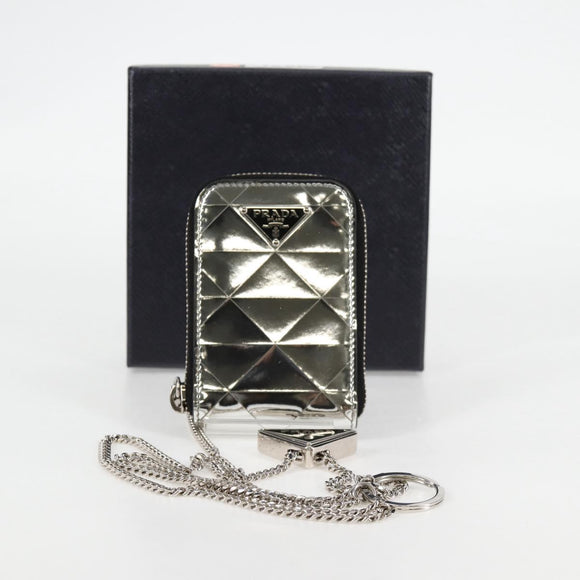 PRADA Necklace Strap Pouch Triangle Panel Silver Tone Auth 118871M