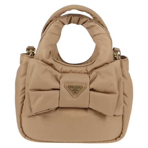PRADA Hand Bag Nylon 2way Beige Gold Auth 118908SM