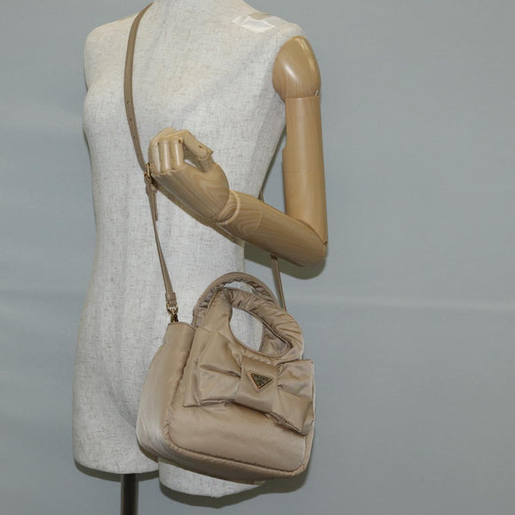 PRADA Hand Bag Nylon 2way Beige Gold Auth 118908SM