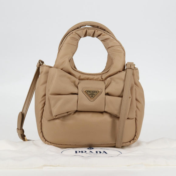 PRADA Hand Bag Nylon 2way Beige Gold Auth 118908SM