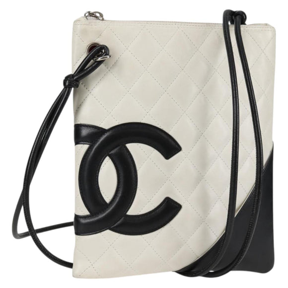 CHANEL Cambon Line Shoulder Bag Lamb Skin White Silver CC Auth 118933V