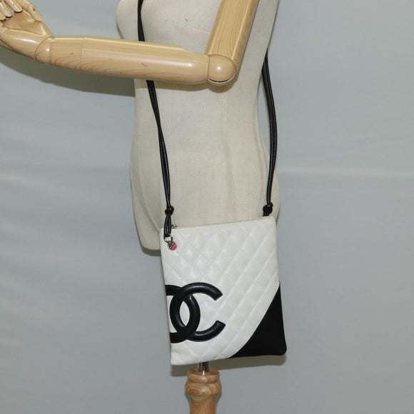 CHANEL Cambon Line Shoulder Bag Lamb Skin White Silver CC Auth 118933V