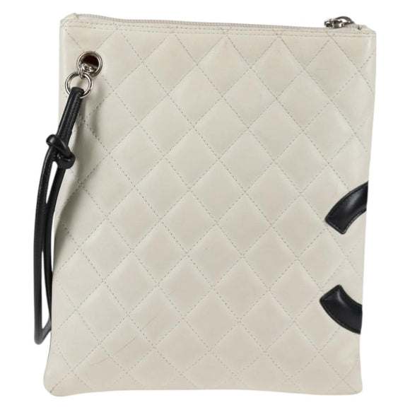 CHANEL Cambon Line Shoulder Bag Lamb Skin White Silver CC Auth 118933V