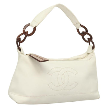 CHANEL Hand Bag Caviar Skin White CC Auth 118934