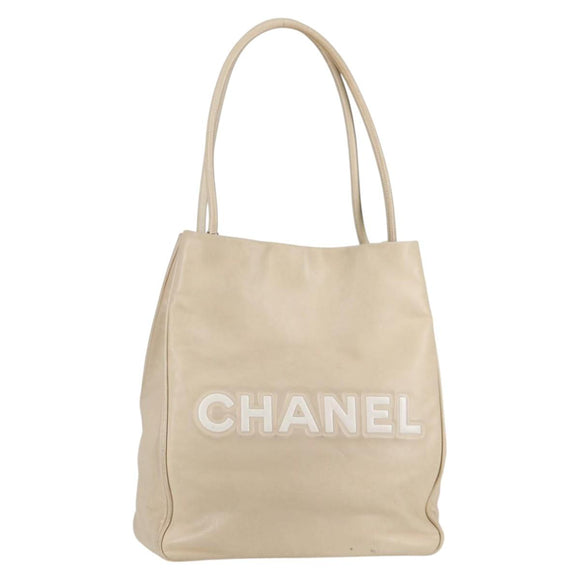 CHANEL Tote Bag Lamb Skin Beige Gold CC Auth 118935V