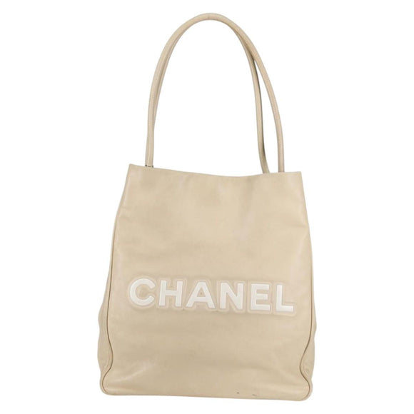 CHANEL Tote Bag Lamb Skin Beige Gold CC Auth 118935V