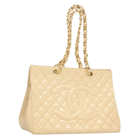 CHANEL Matelasse Chain Tote Bag Patent leather Beige Gold CC Auth 118936