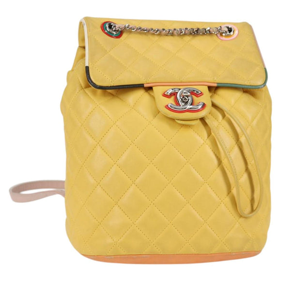 CHANEL Matelasse Backpack Lamb Skin Yellow Silver CC Auth 118937M