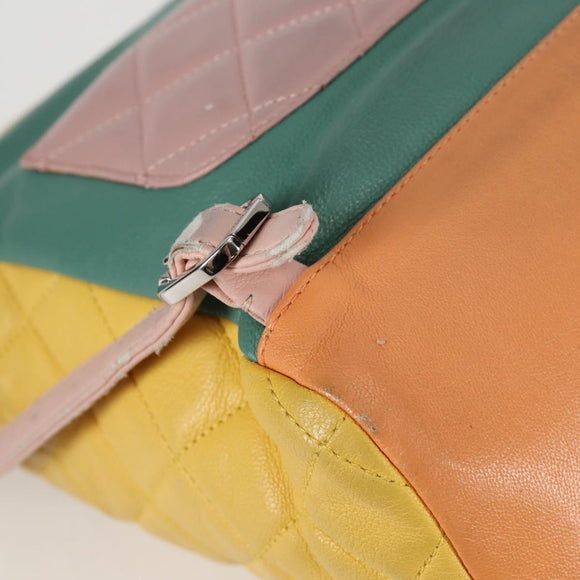 CHANEL Matelasse Backpack Lamb Skin Yellow Silver CC Auth 118937M