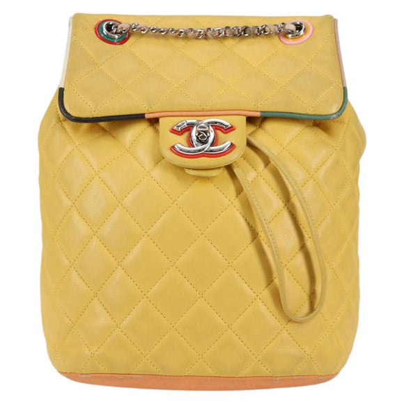 CHANEL Matelasse Backpack Lamb Skin Yellow Silver CC Auth 118937M