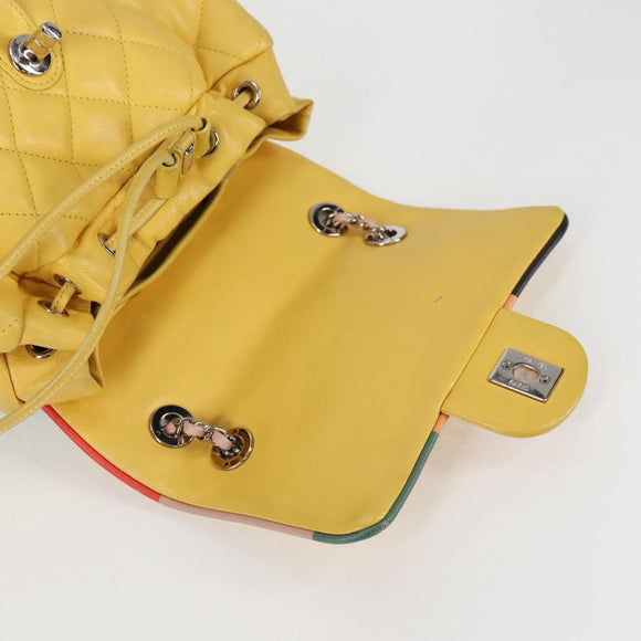 CHANEL Matelasse Backpack Lamb Skin Yellow Silver CC Auth 118937M