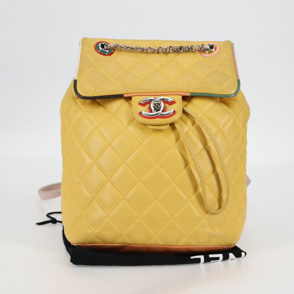 CHANEL Matelasse Backpack Lamb Skin Yellow Silver CC Auth 118937M