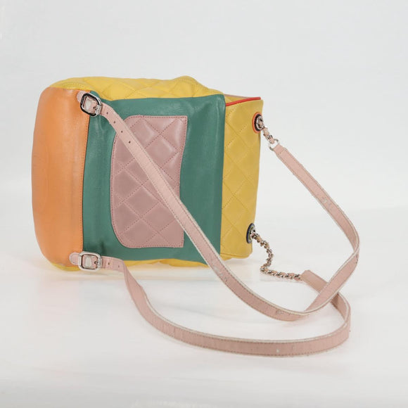 CHANEL Matelasse Backpack Lamb Skin Yellow Silver CC Auth 118937M