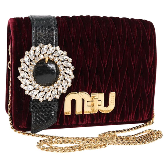 Miu Miu Matelasse Bijoux Shoulder Bag Velor Wine Red Gold Auth 118941M