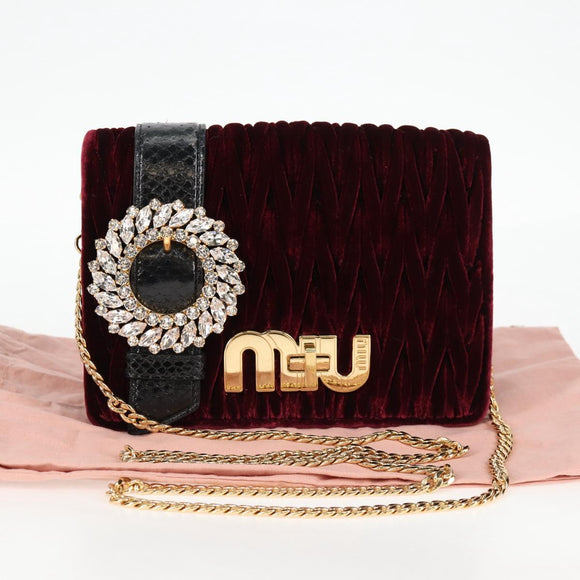 Miu Miu Matelasse Bijoux Shoulder Bag Velor Wine Red Gold Auth 118941M