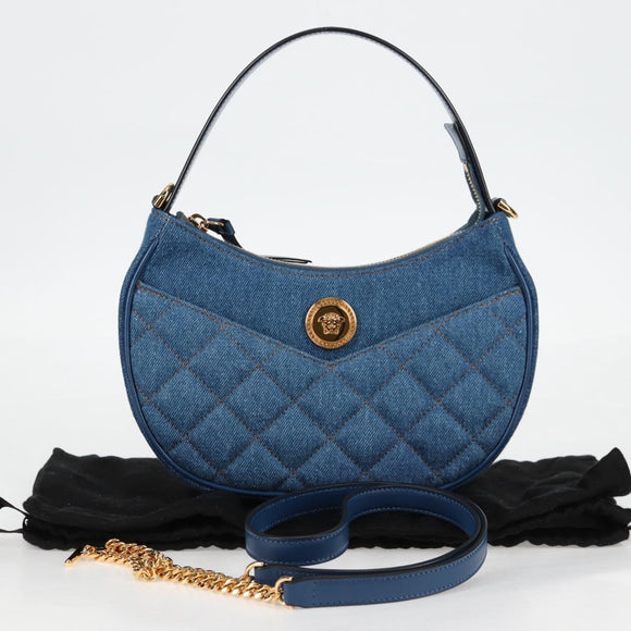 VERSACE Hand Bag Denim 2way Blue Gold Auth 118958M