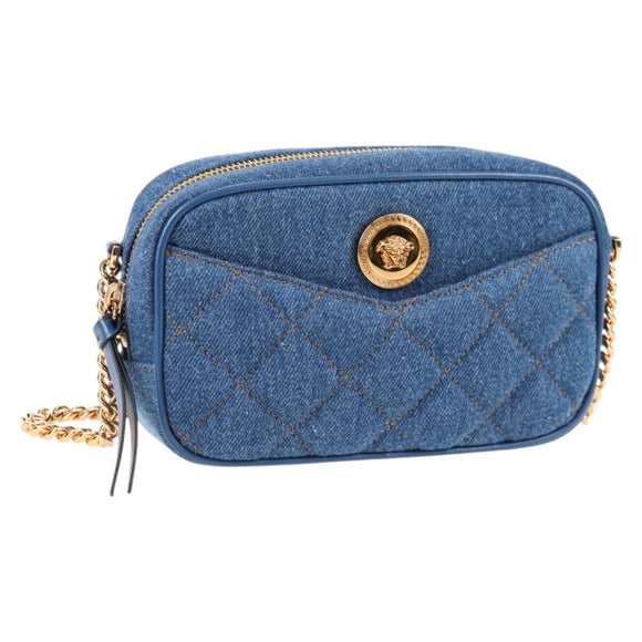VERSACE Chain Shoulder Bag Denim Blue Gold Auth 118959M