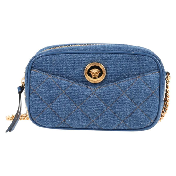 VERSACE Chain Shoulder Bag Denim Blue Gold Auth 118959M