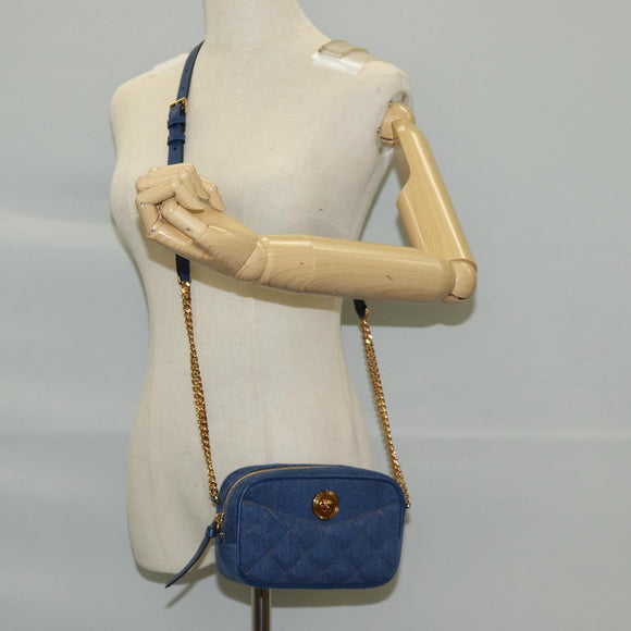 VERSACE Chain Shoulder Bag Denim Blue Gold Auth 118959M