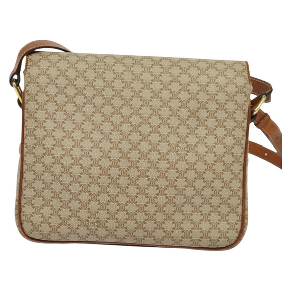 CELINE Macadam Canvas Shoulder Bag PVC Beige Gold Auth 119023