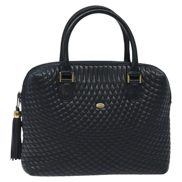 BALLY Hand Bag Leather Navy Gold Auth 119027