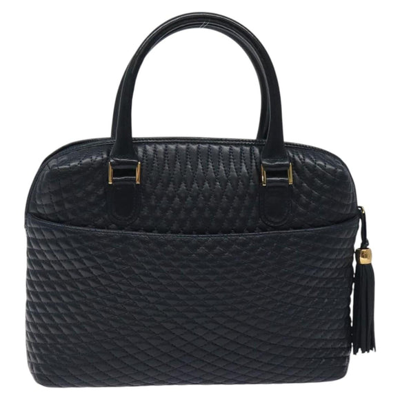 BALLY Hand Bag Leather Navy Gold Auth 119027